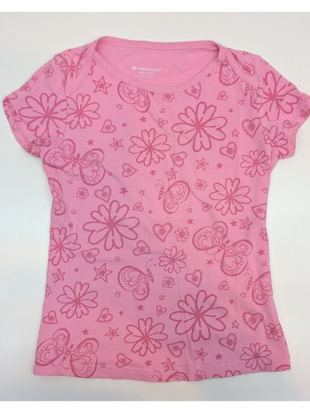 American Girl Medium 10/12 Pink Butterfly Floral Heart T-Shirt Short Sleeve
